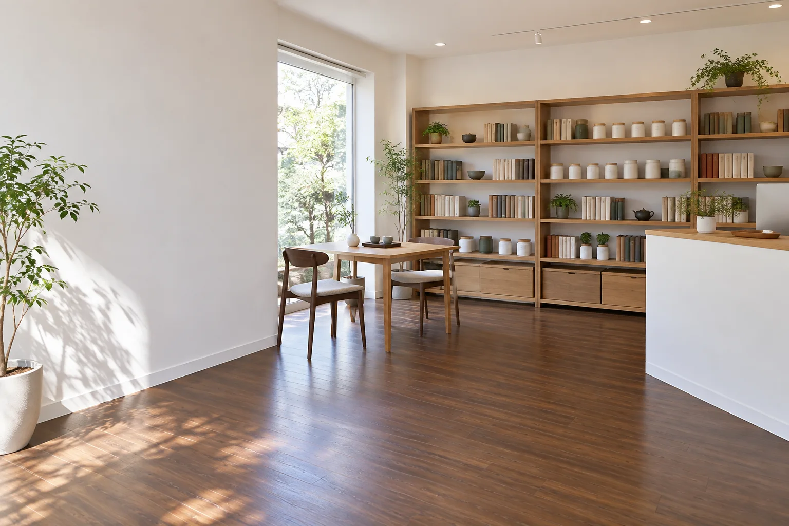 白い壁と木の棚、お茶の品が並ぶ小さなお店